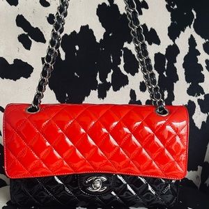 CHANEL Classic Medium Double Flap Quilted Patent Leather Shoulder Bag Black/Red